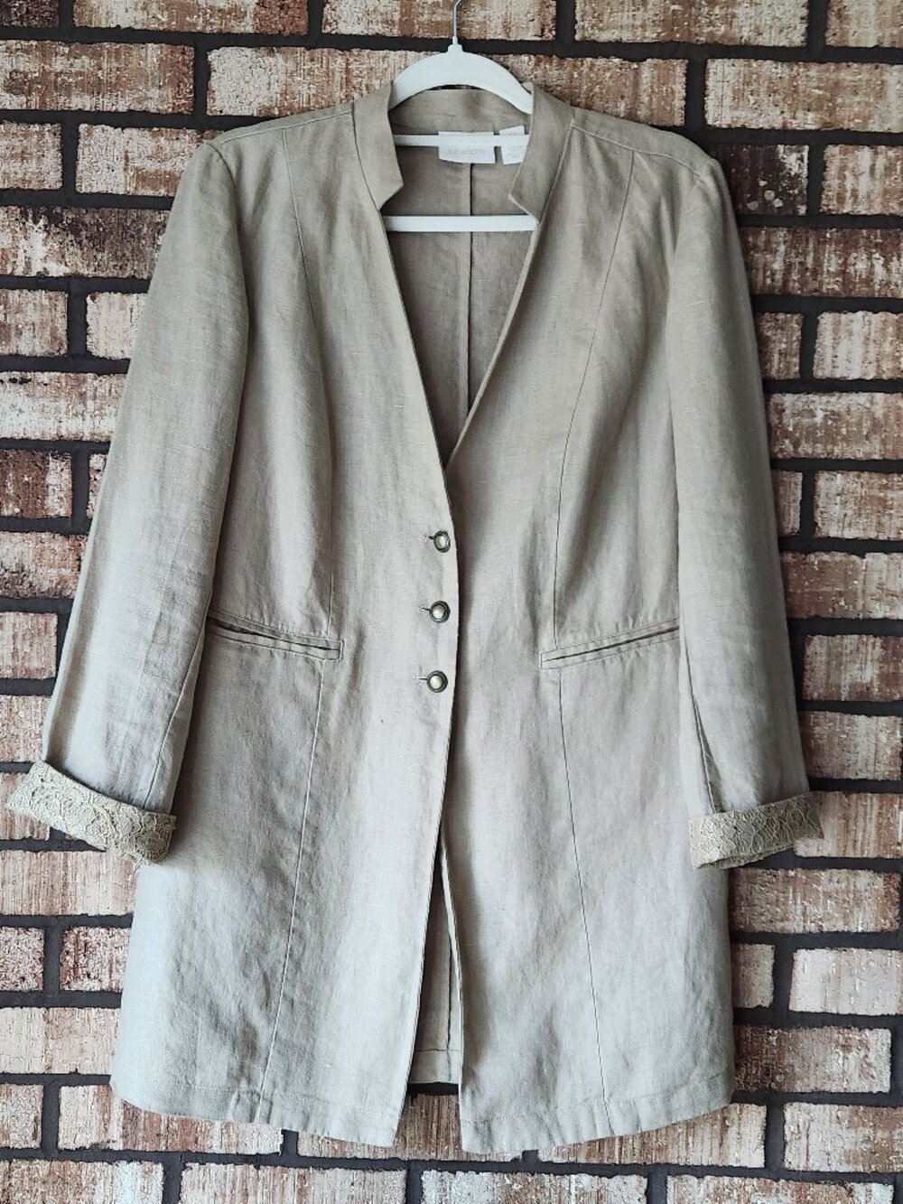 Chico's Linen Jacket Tan V-neck with Gold Cuffs Size 0